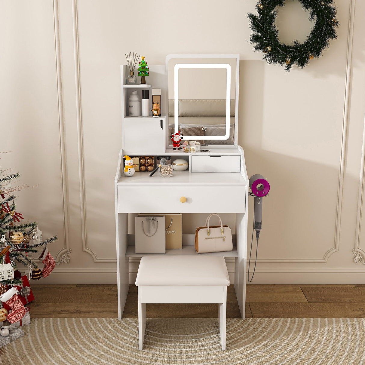 LED Vanity Mirror With Stool, 2 Drawers & 5 Storage Cabinets, Adjustable Lighting Mdf Dressing Table For Bedroom - White