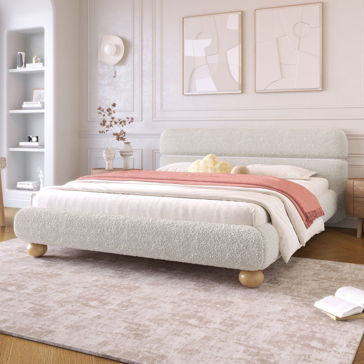 Queen Size Contemporary Low Profile Upholstered Bed With Teddy Fleece Boucle Fabric And Solid Round Legs - White