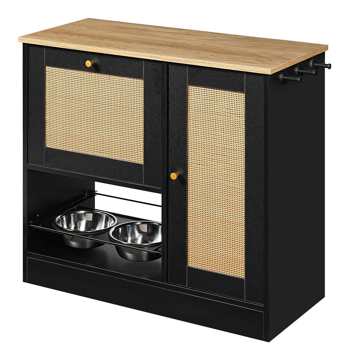 Feeding Station with 2 Lockers and Elevated Bowls Black