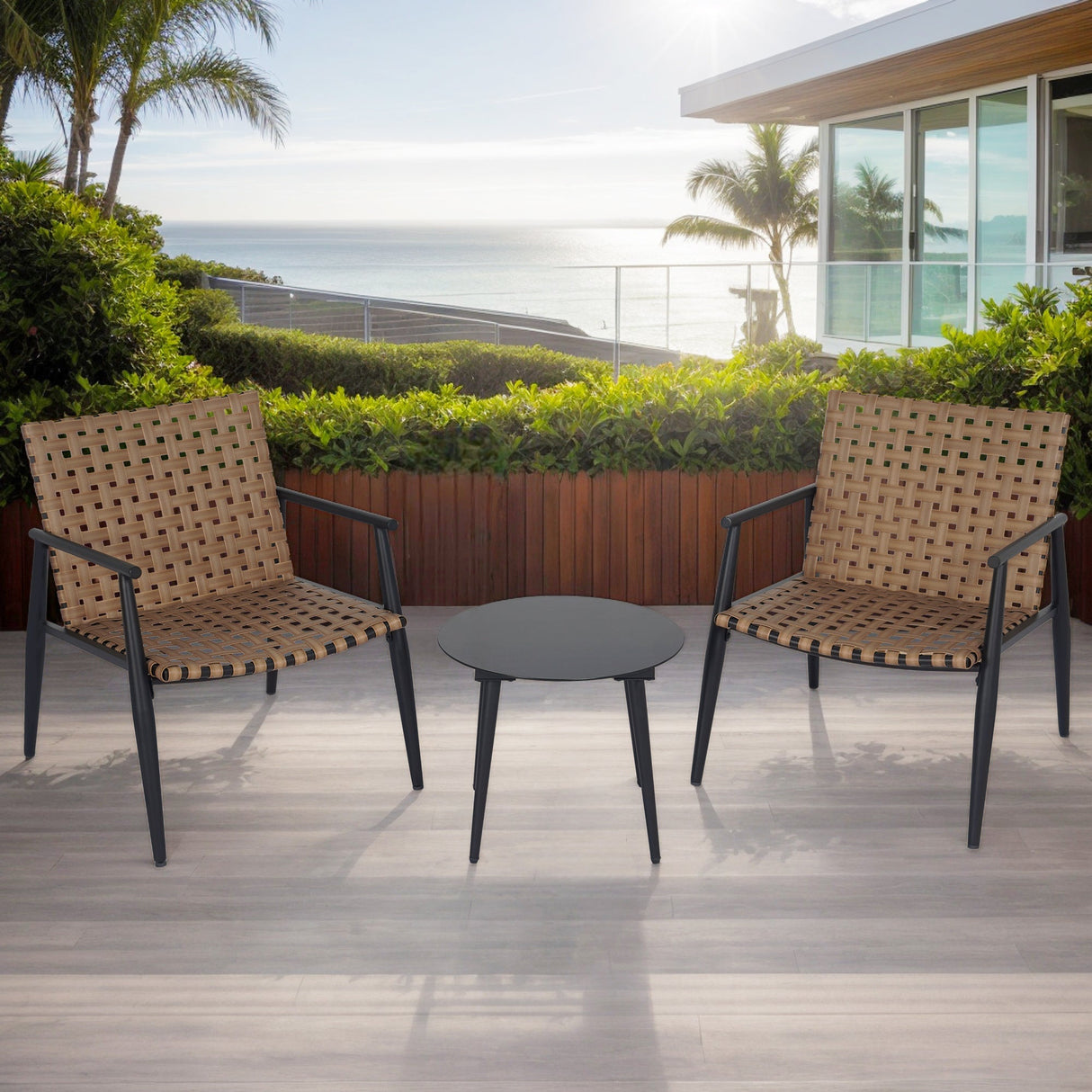 Modern Outdoor Chat Set: 2 Rattan Chairs with Side Table