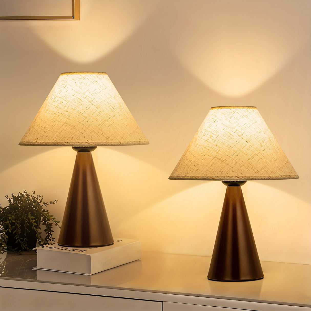 Modern Bedside Table Lamps Set of 2 – 3 Color Fabric Shade Nightstand Lights