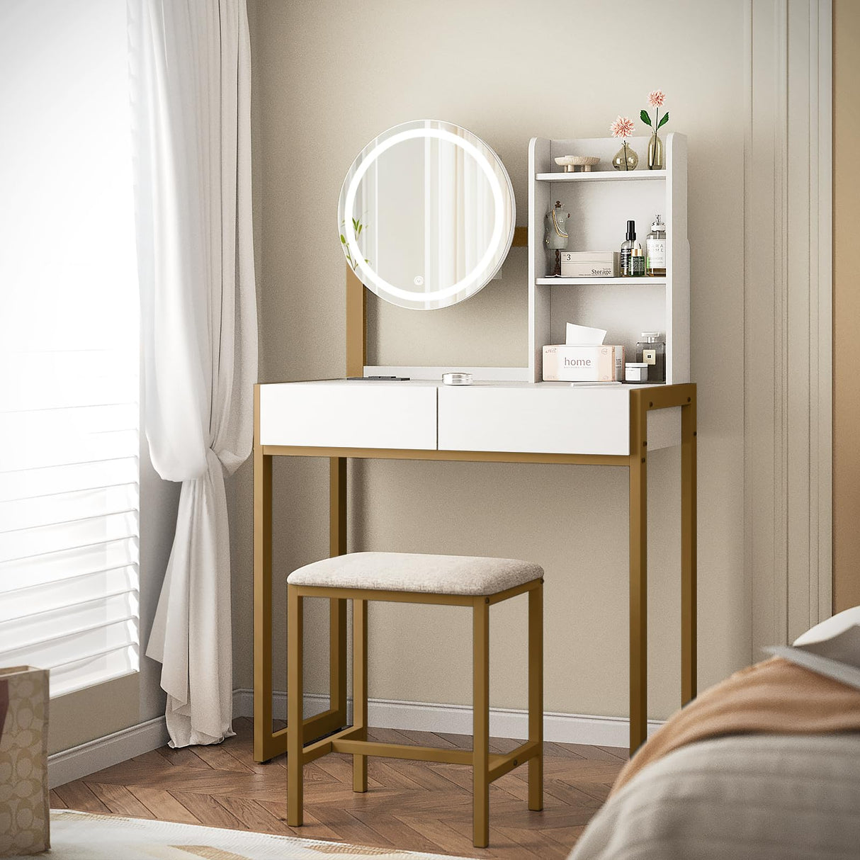 Small Vanity Desk with Mirror and Lights