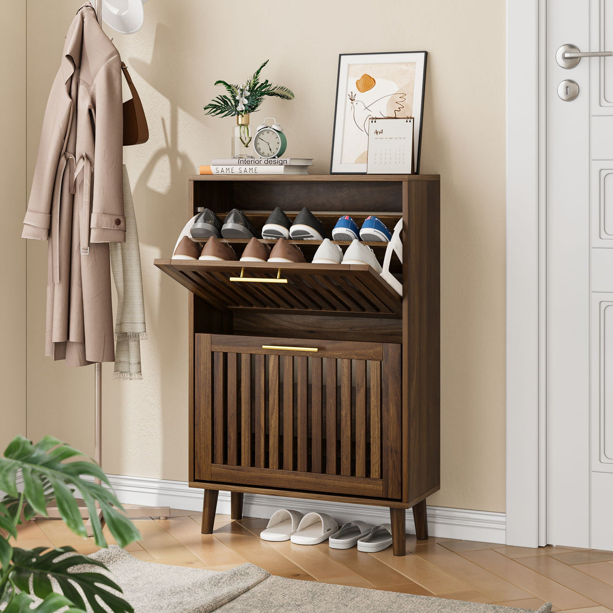 Medieval Modern Shoe Cabinet With 2 Flip Drawers And Fence Design