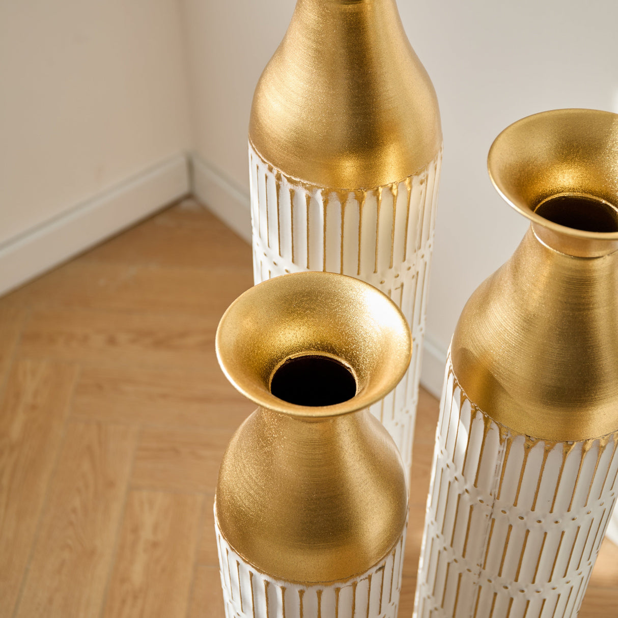 Floor Metal Vases Set of 3 - White with Gold Accents