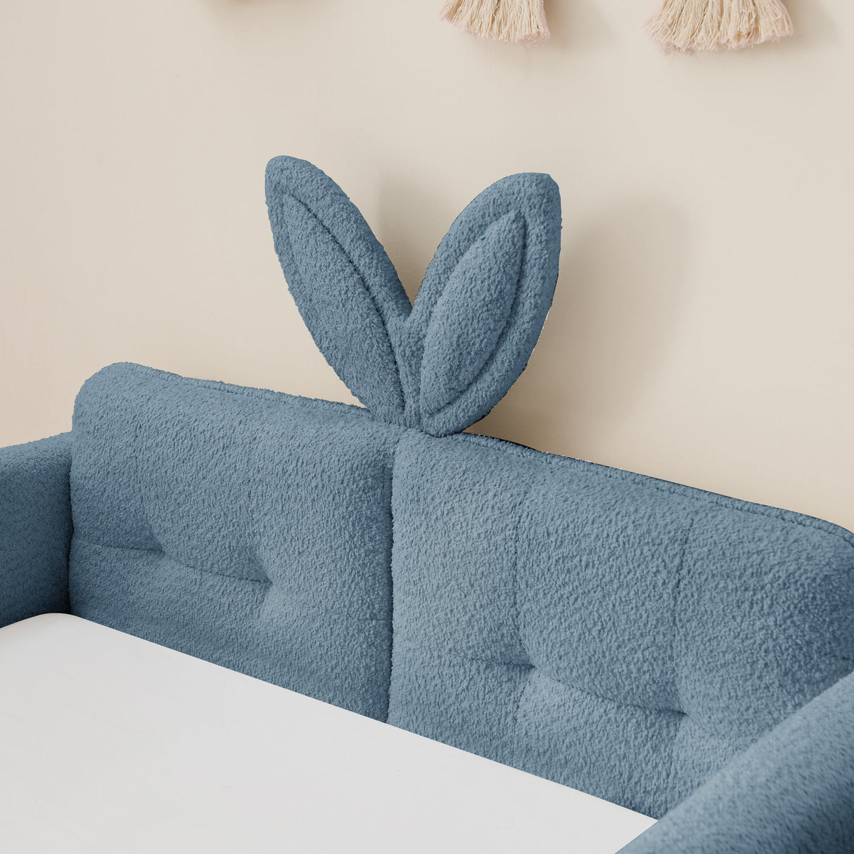Twin Size Upholstered Platform Bed with Cute Rabbit Ear Shaped Headboard, with Safety Rail and Pocket, Boucle Fabric