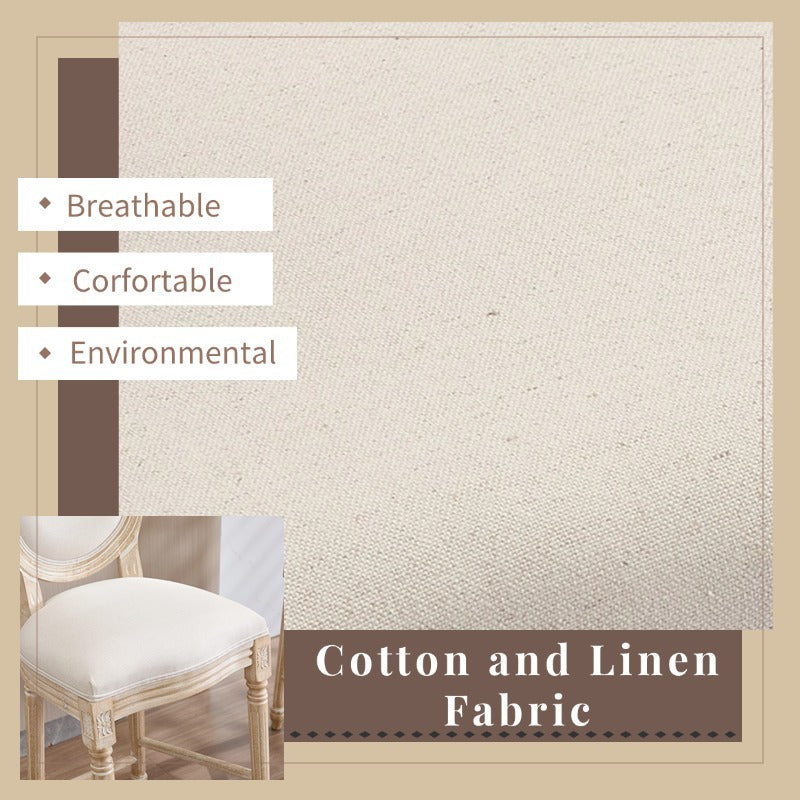 French Country 26'' Height Bar Chairs with Beige Linen Upholstery - Set of 2