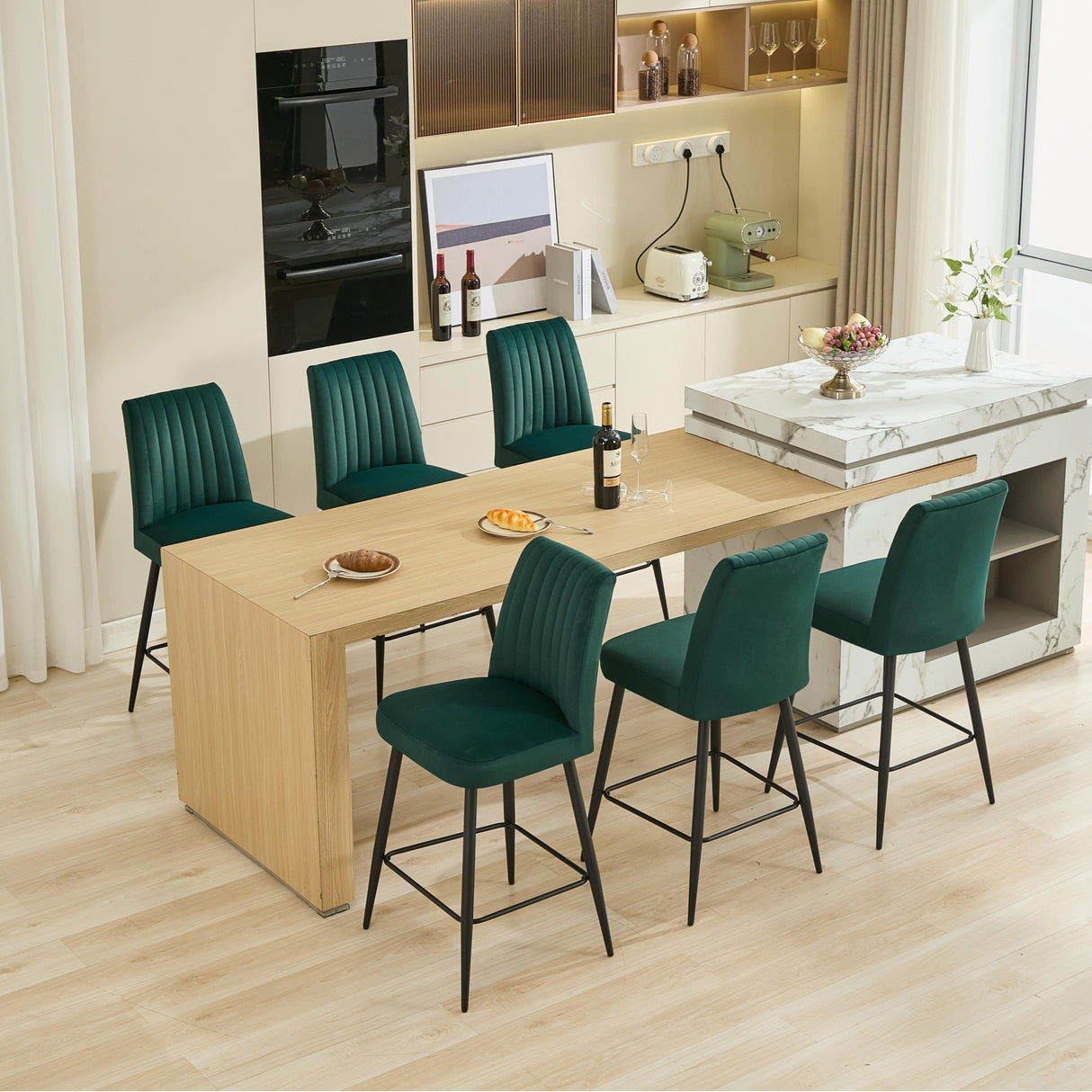 Adjustable Iron Feet Velvet Green Bar Chairs Set of 2