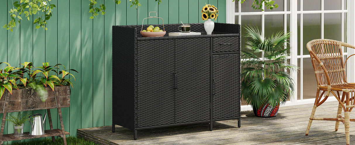 K&K 47.5"W Wicker Outdoor Storage Cabinet with Tempered Glass Desktop