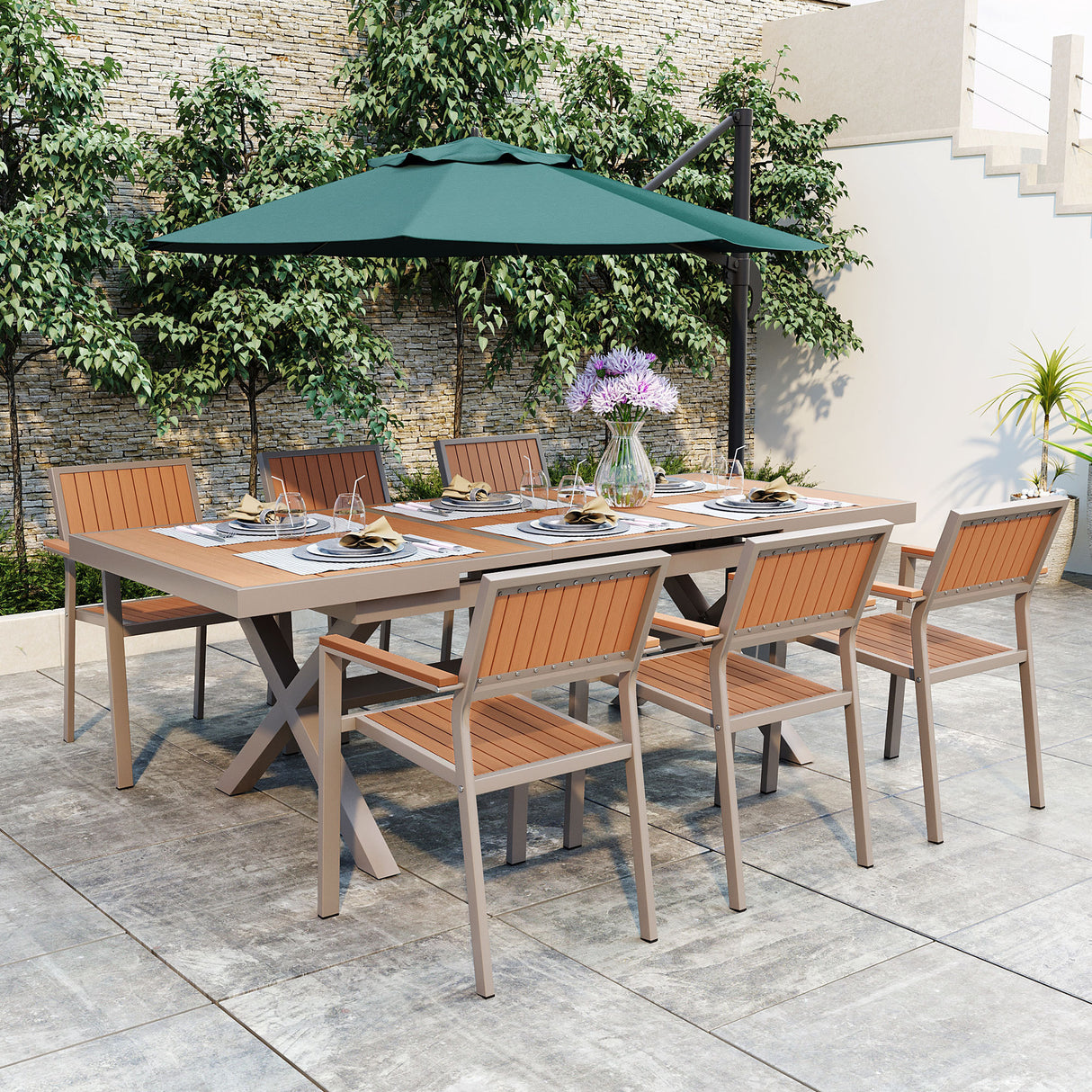 Experience Outdoor Dining Freedom with a Flexible Set Including Six Chairs and a Table that Extends from 62.9 to 82.6 Inches