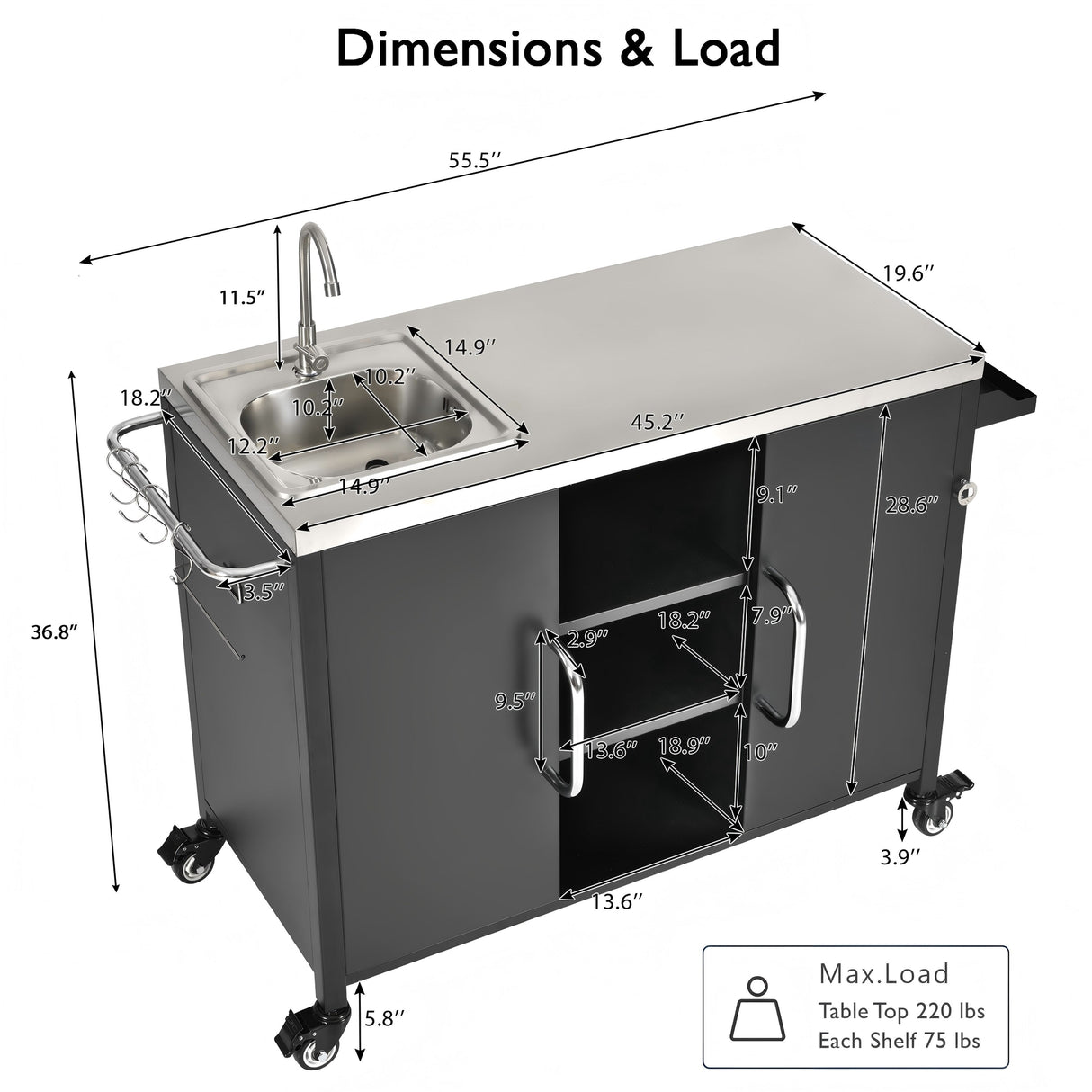 K&K 55.5' Outdoor Kitchen Island with 304 Stainless Steel Sink