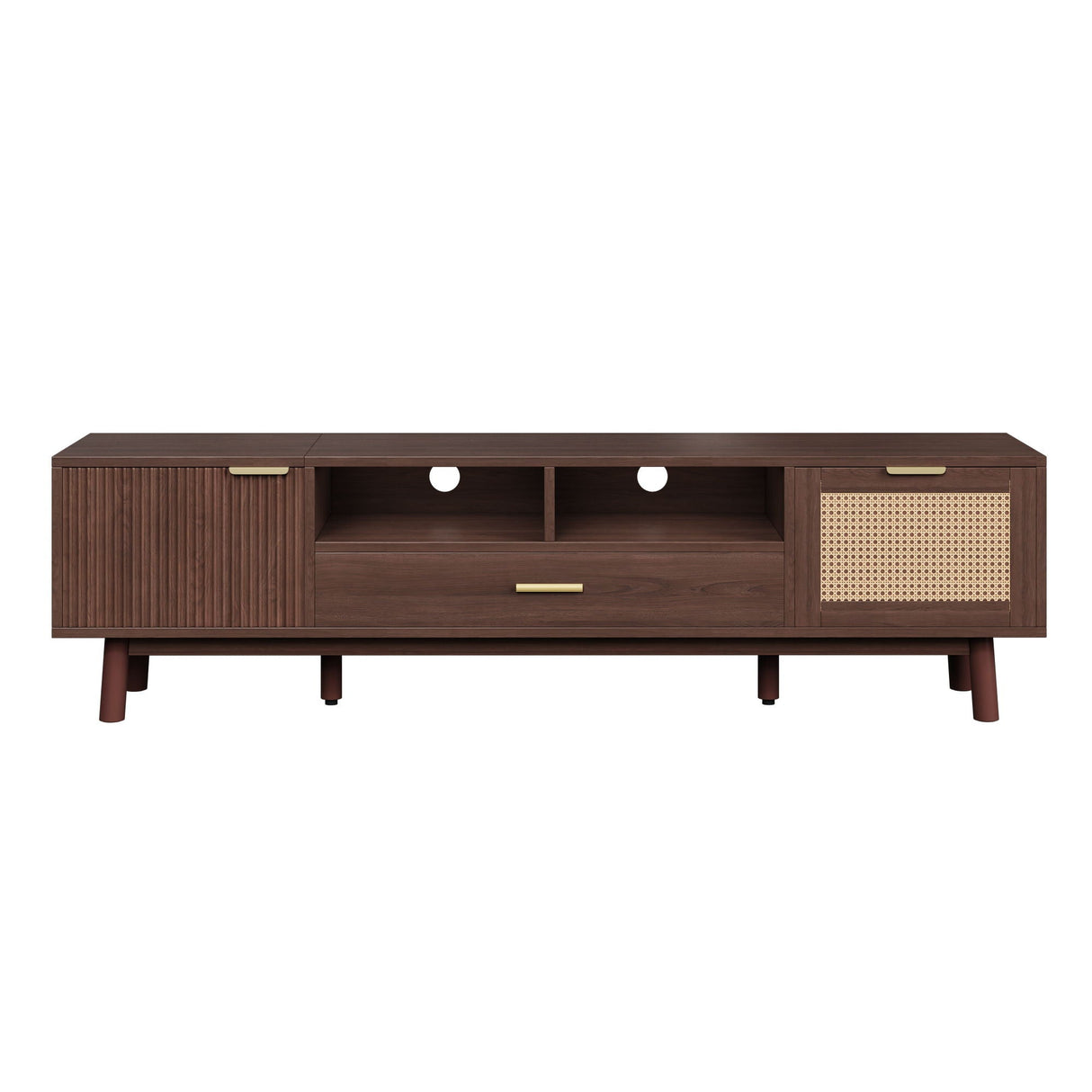 TV Stand for 75" TVs with Soft Closing Doors, Console with Accents and Drop Down Cabinet - Dark Brown