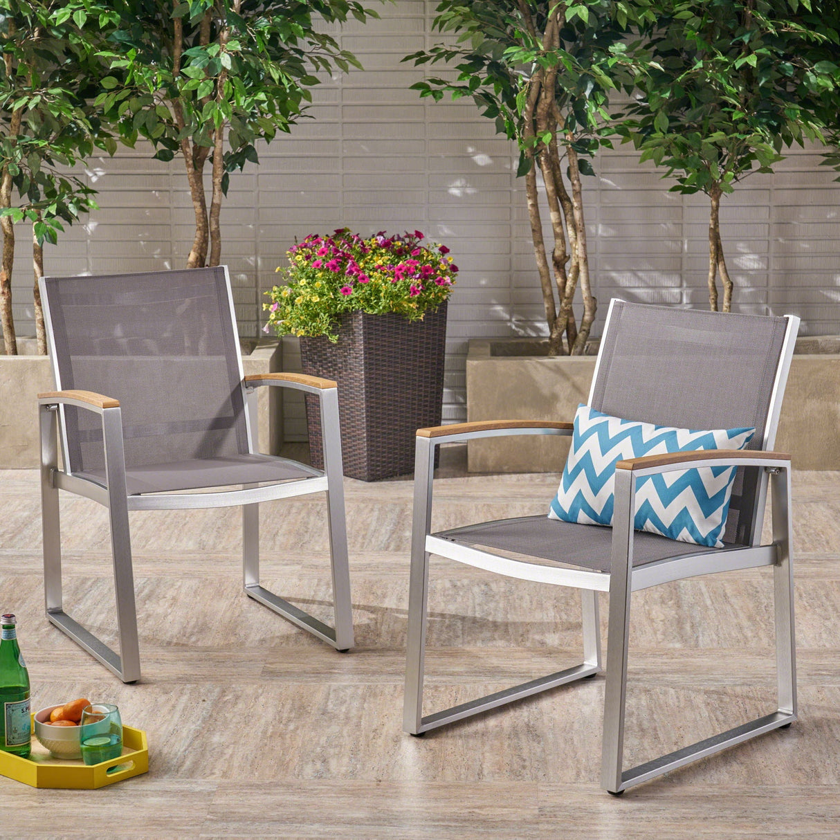 Poetic Outdoor Dining Chair With Faux Wood Arms And Aluminum Frame (Set of 2) - Gray