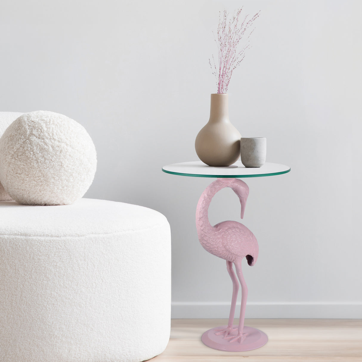 Blanche 25" Classic Mid-Century Glass Top Flamingo End Table, Pink