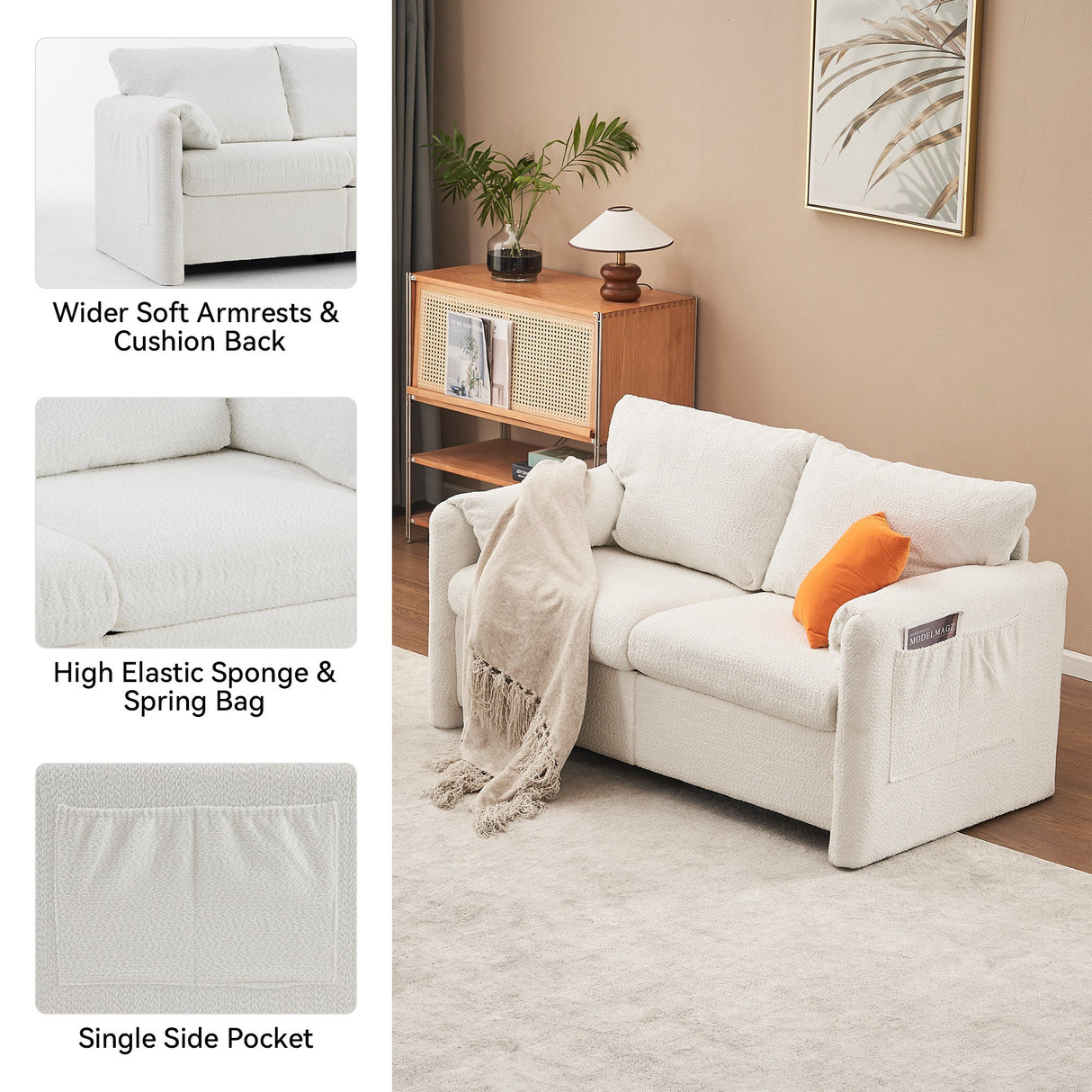 Modern Loveseat Sofa 2-Seater - Plush Chenille Fabric Ivory White