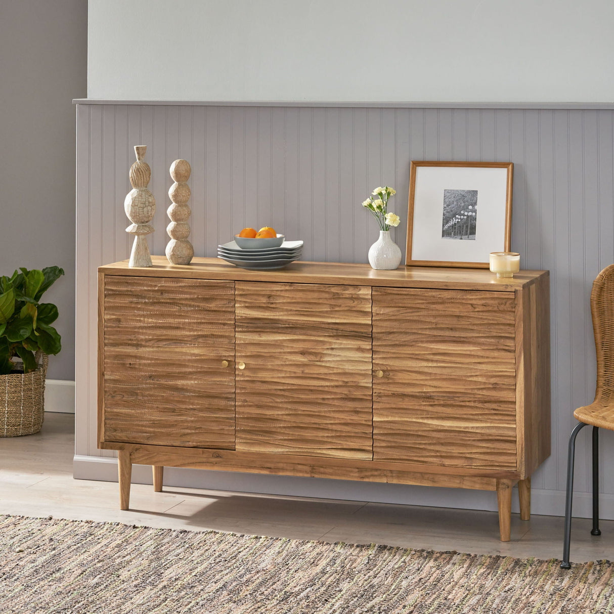 Boho Handcrafted 3 Door Sideboard with Carved Texture and Artisanal Charm - Natural