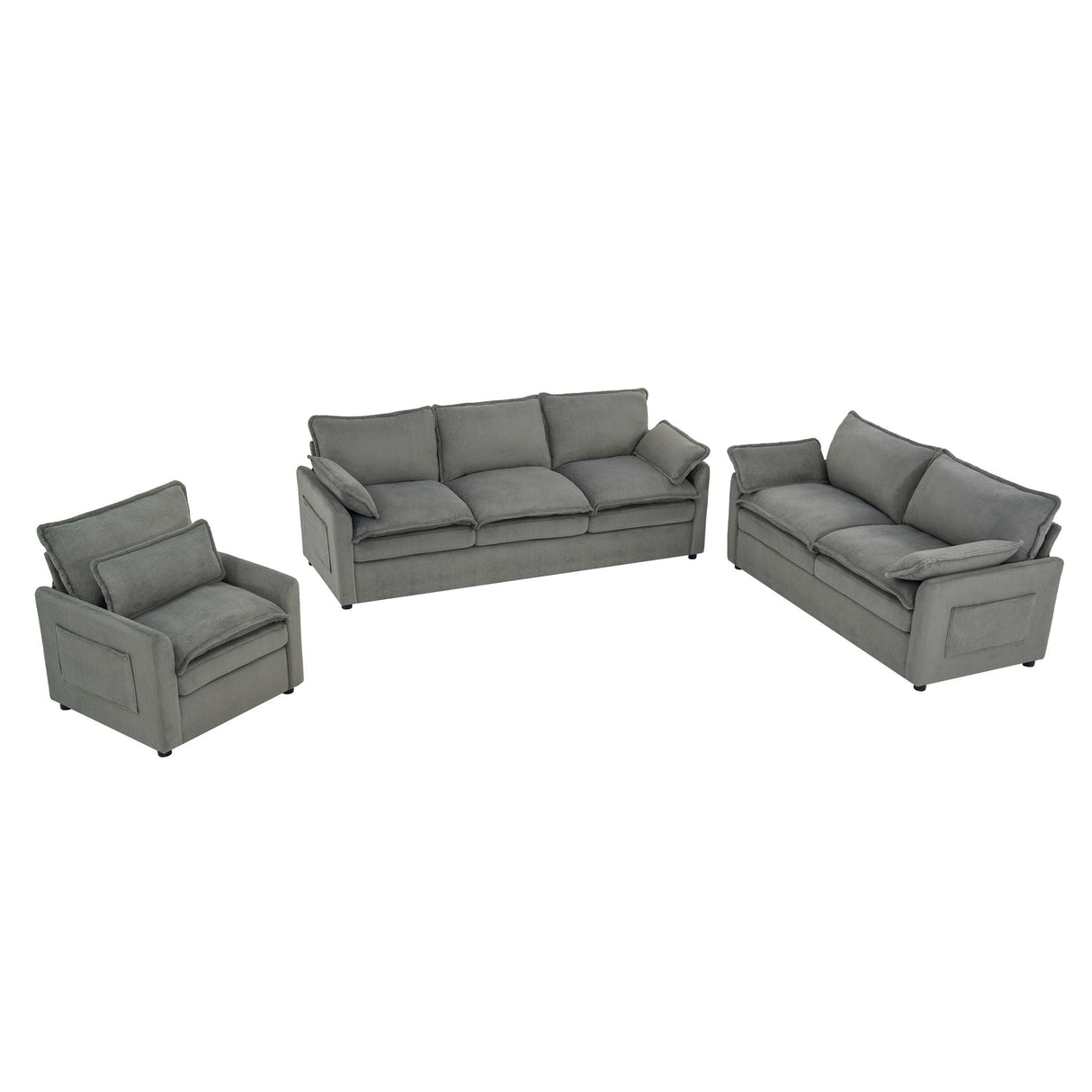 Modern Sofa Set With Double Layer Cushion And Side Storage Pockets