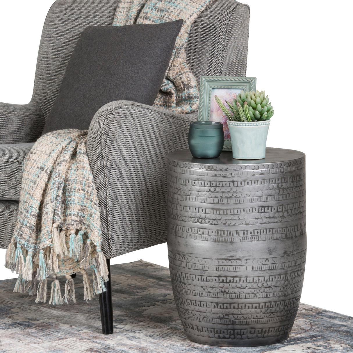 Johnsen 15 Inch Wide Tribal Pattern Metal Accent Table in Antique Silver