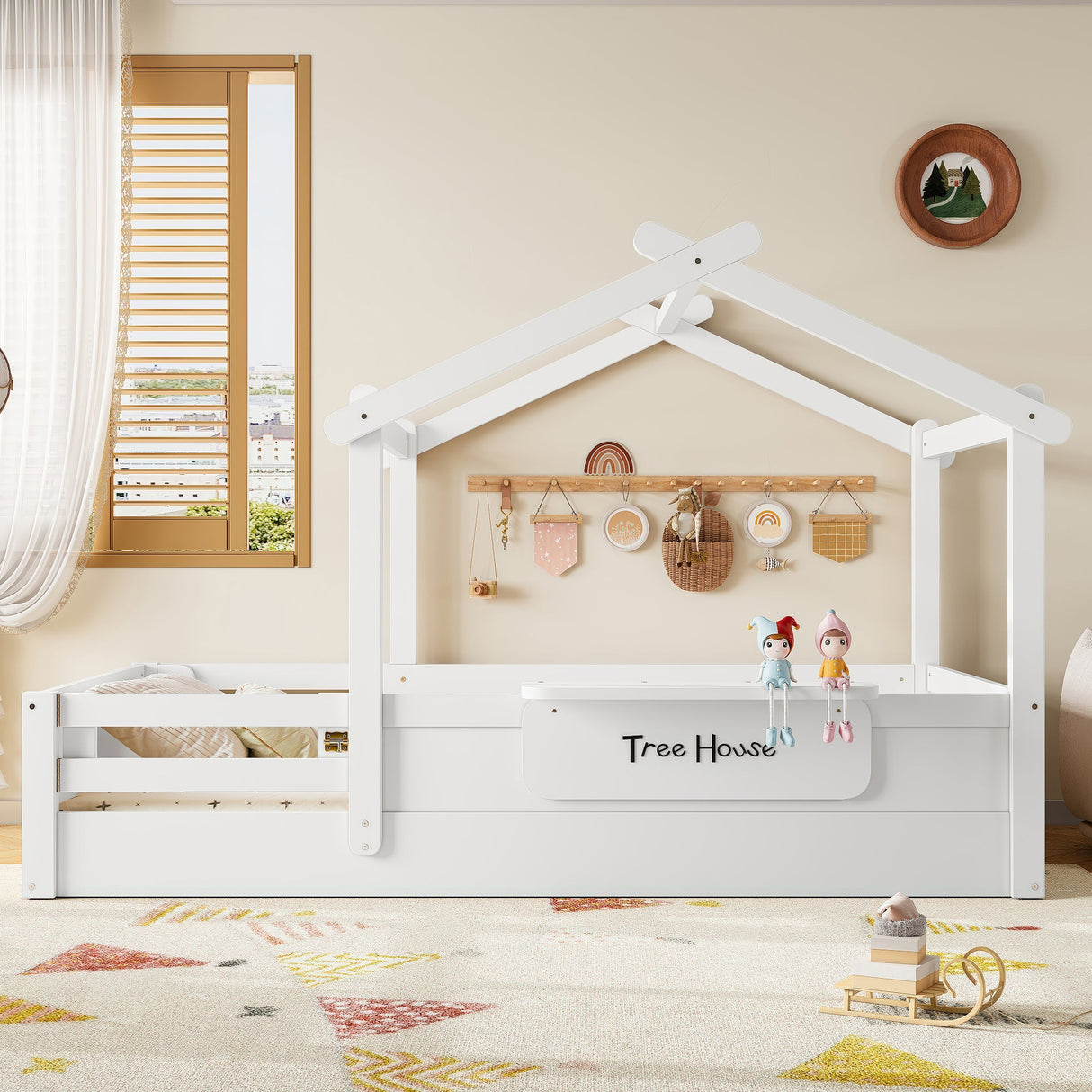 Twin Size Floor Bed with Guardrails and Roof