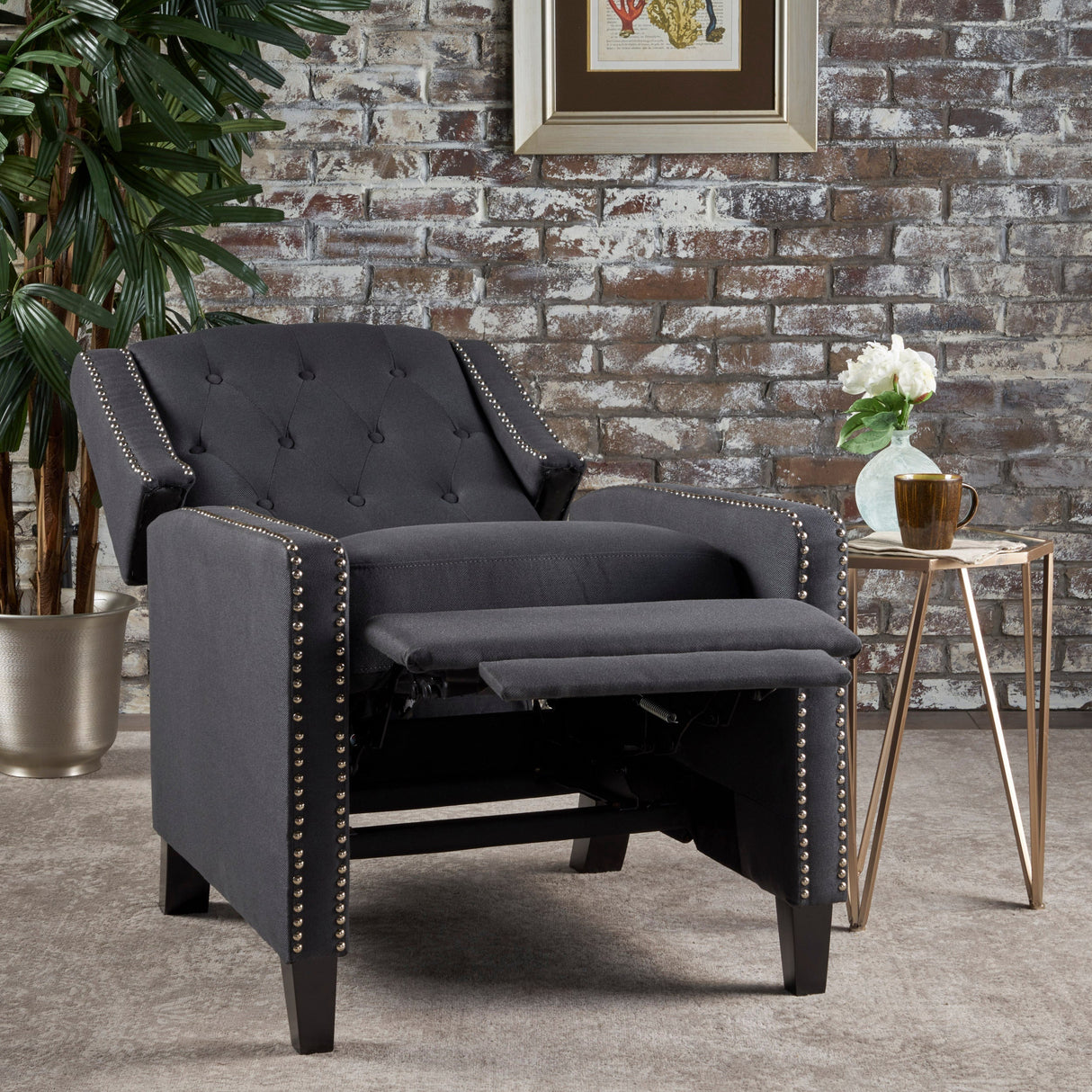 Classic Dark Grey Fabric Push Back Chair with Riveted Armrests