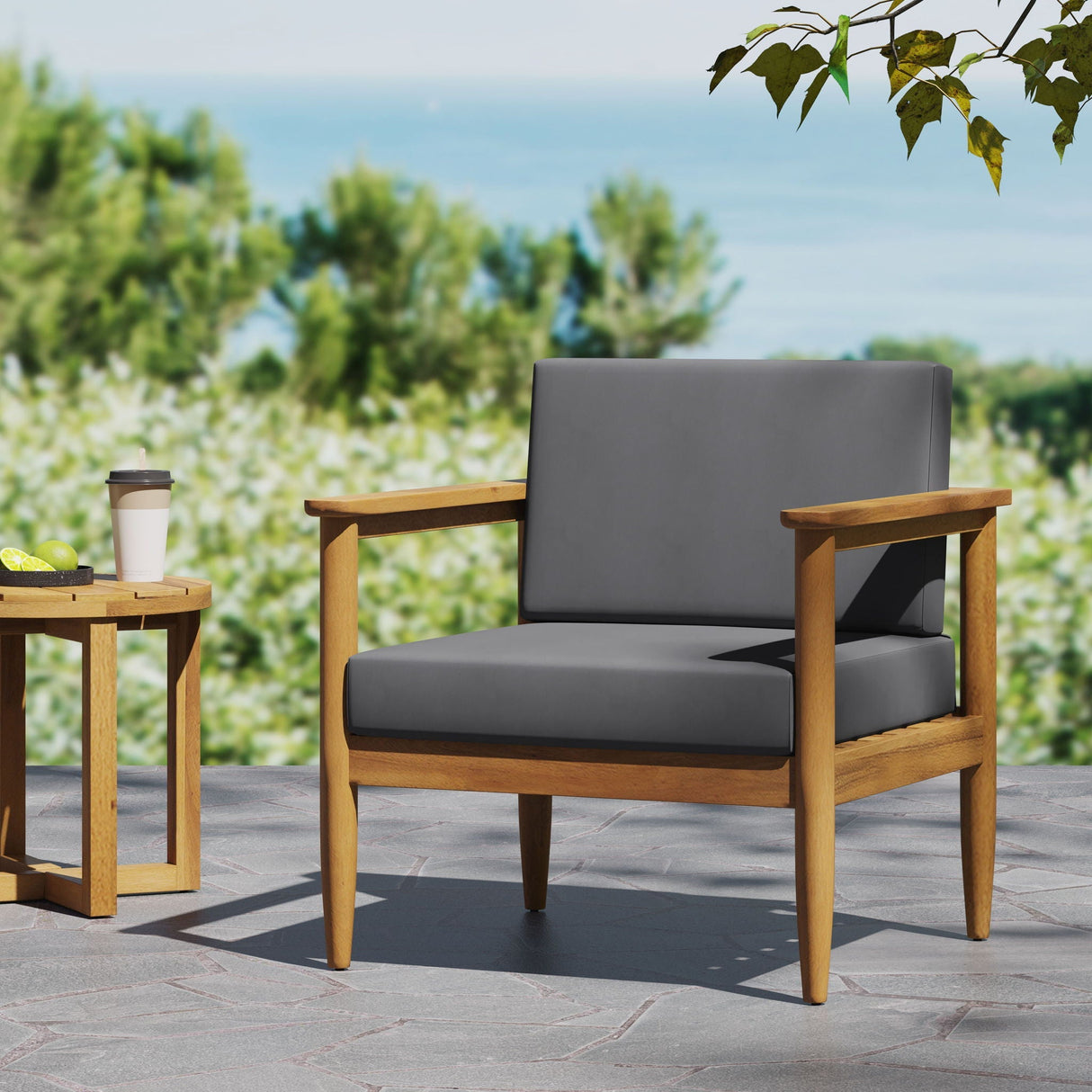 Outdoor Club Chair with Teak Acacia Wood Frame - Dark Gray