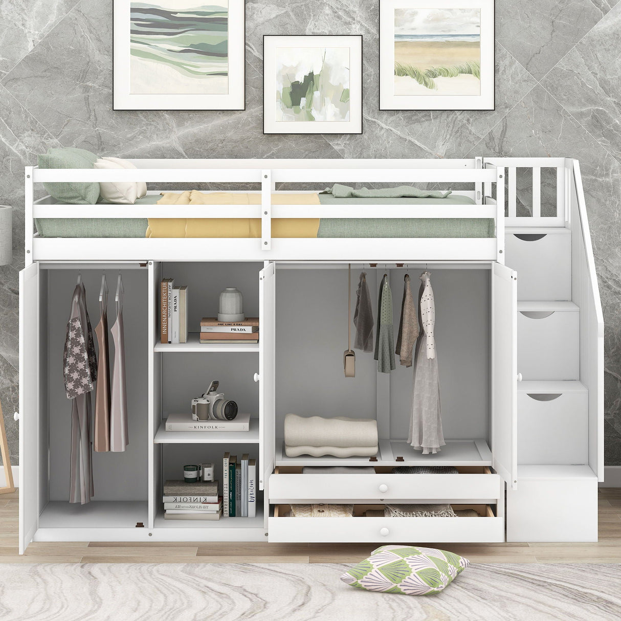 Loft Bed With 3 Shelves, 2 Wardrobes, 2 Drawers, Ladder Storage