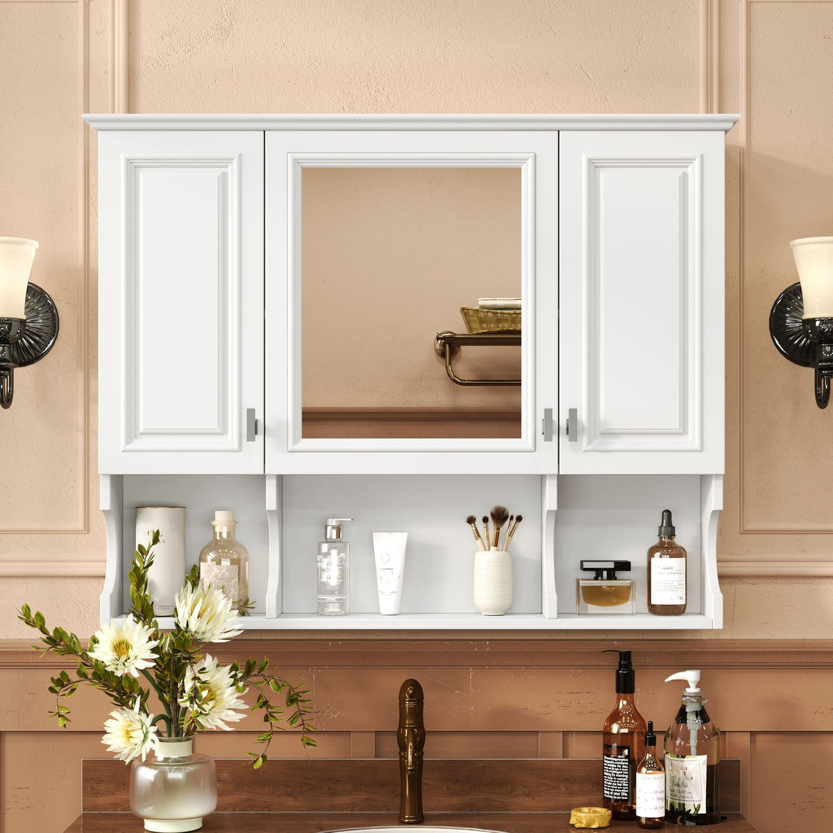 Wall Mounted Bathroom Medicine Wall Cabinet With Mirror & Open Shelves