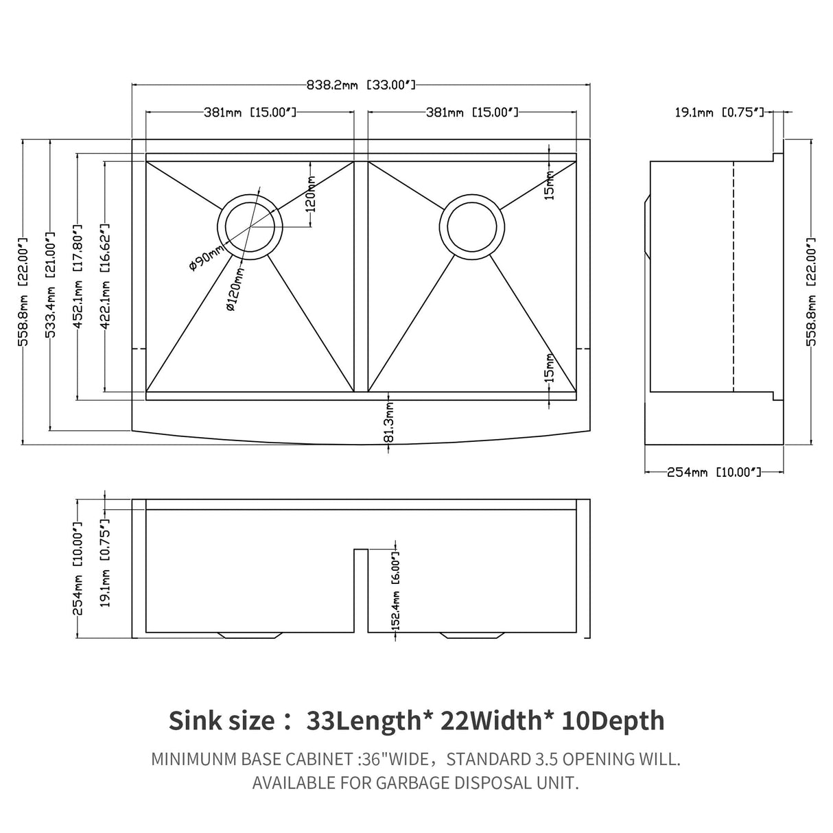 Farmhouse Double Bowl Workstation Kitchen Sink 33" Stainless Steel 16 Gauge Apron Front, Finish - White