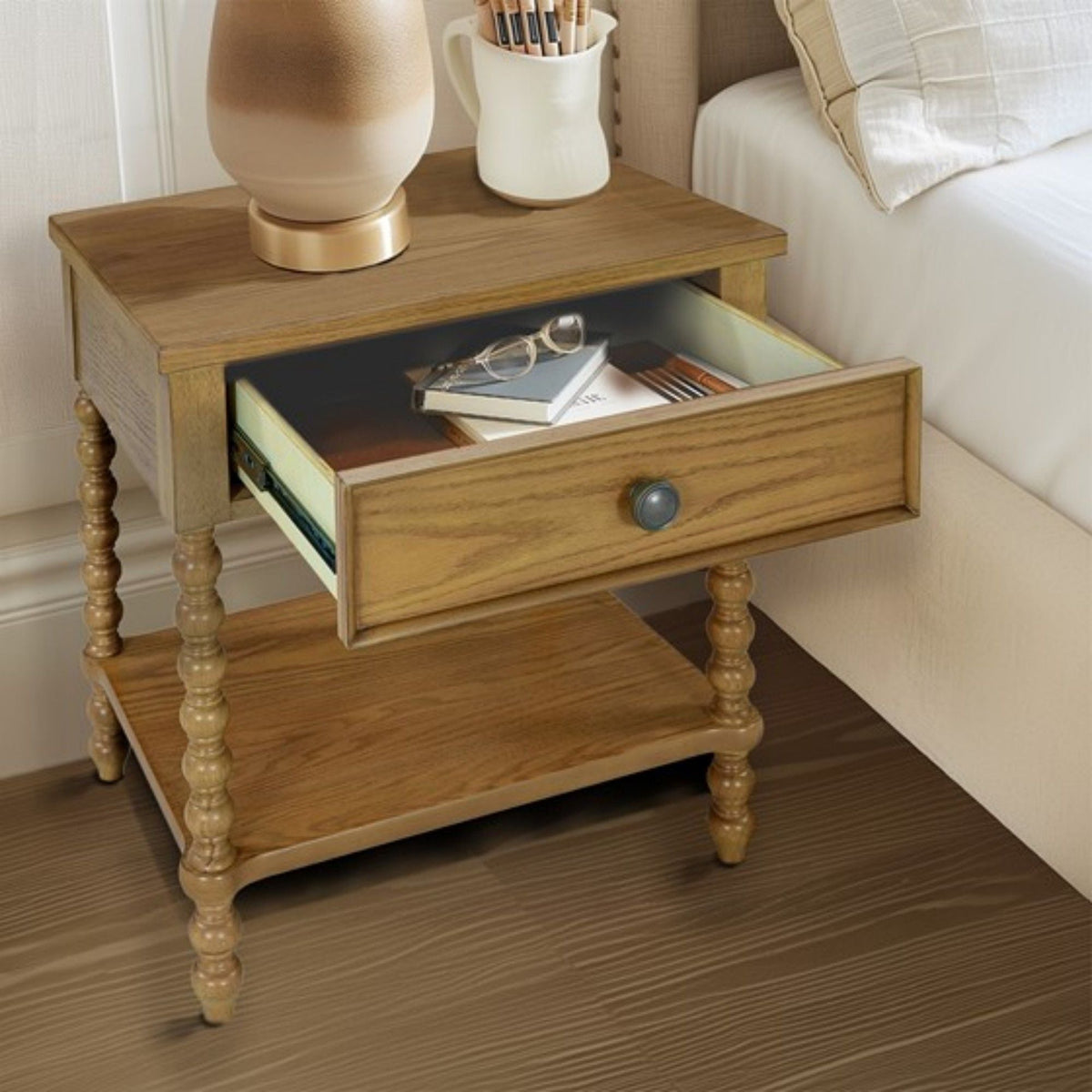 Traditional Durable Nightstand Table With Drawer And Shelf