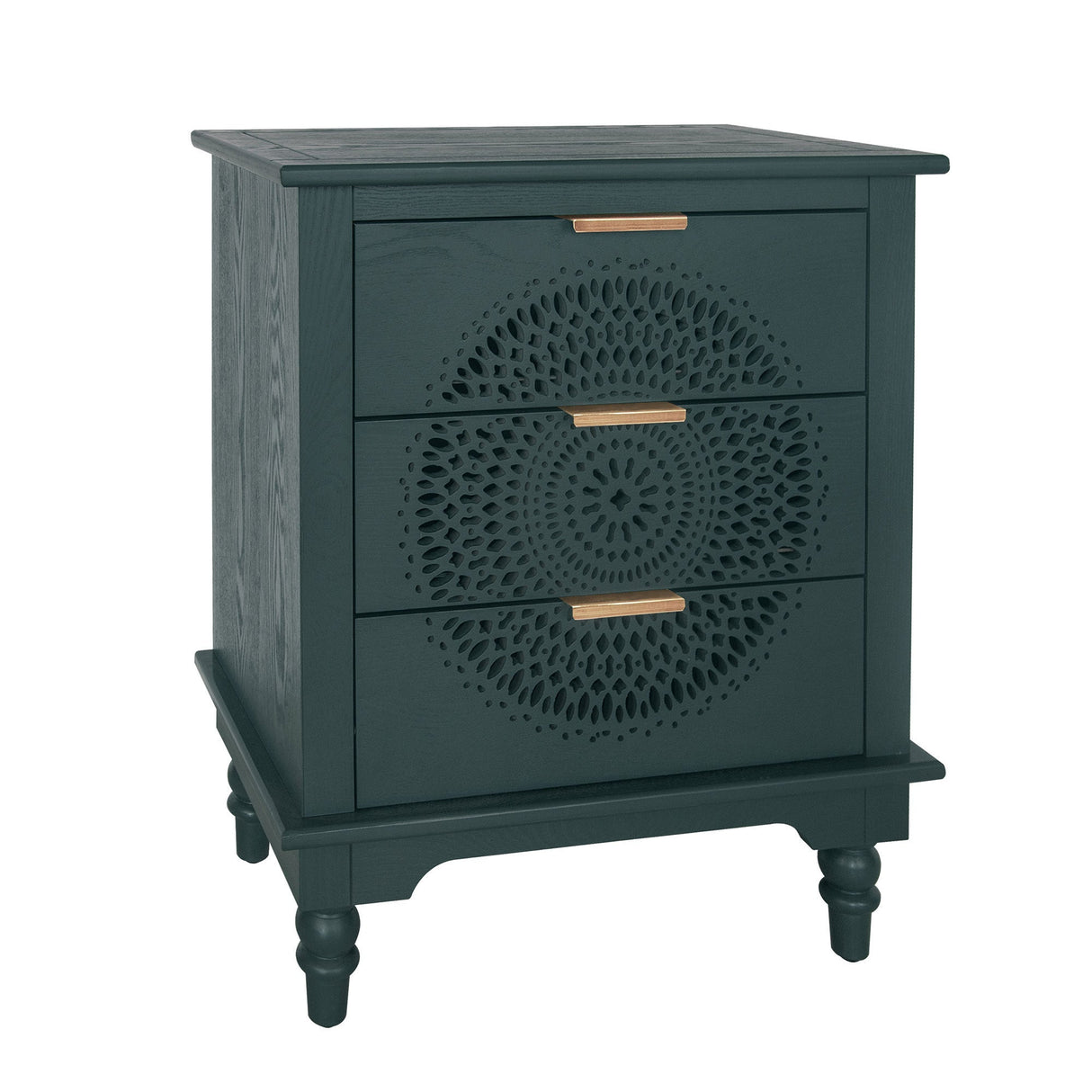 Blackish Green Hollow-Carved 3-Drawer Dresser with Metal Handles