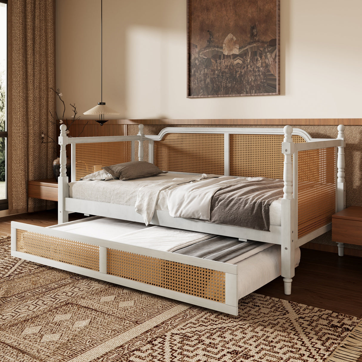 Traditional Style Rattan Twin Size Daybed with Twin Trundle