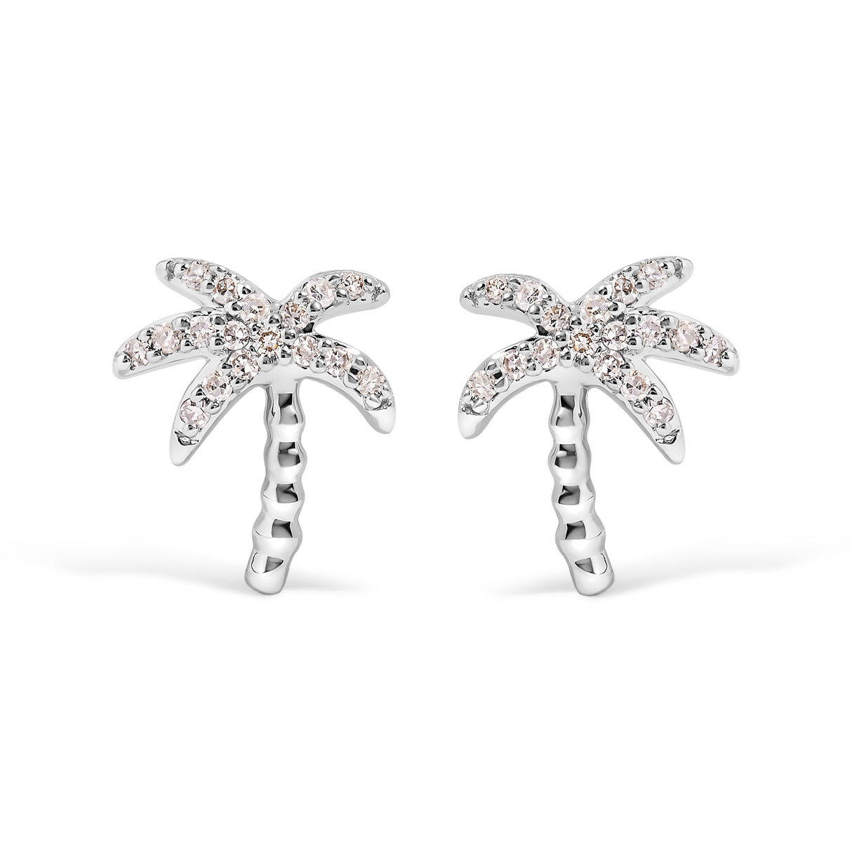 10K White Gold 1/10 Cttw Diamond Encrusted Palm Tree Stud Earrings (H-I Color, I1-I2 Clarity)
