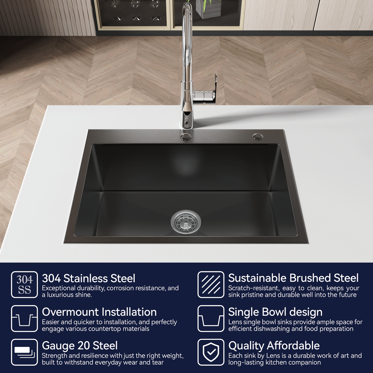 Stainless Steel Kitchen Sink, 27″x19″ Single Bowl, Overmount Handmade Sink