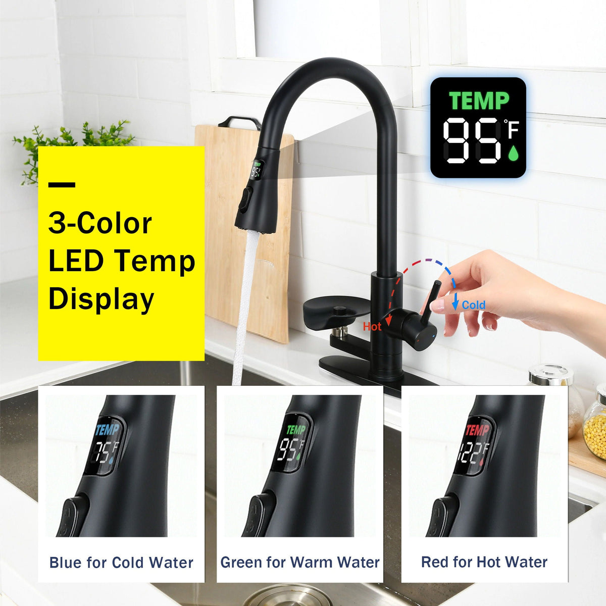 3-in-1 Kitchen Faucet with LED Temperature Display - Matte Black