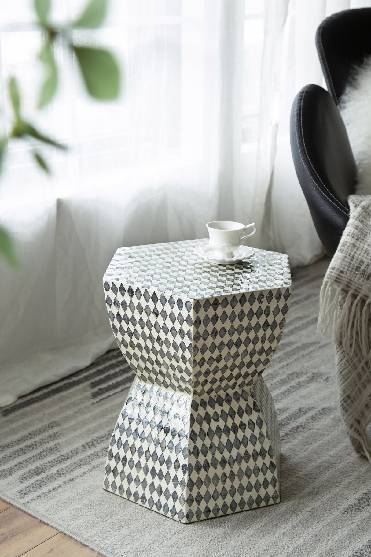 15x13x17' Hexagonal Garden Capiz Stool Accent Side Table