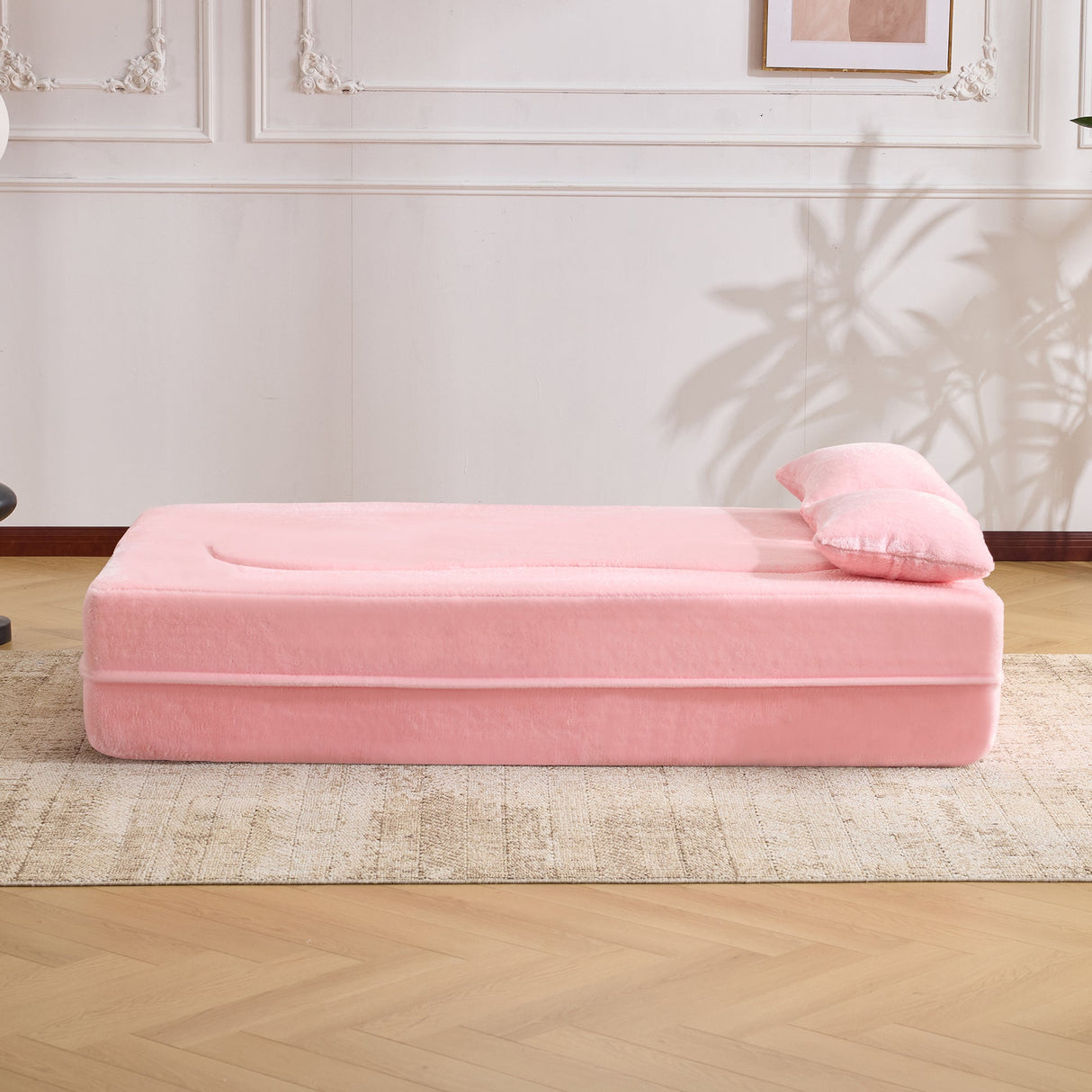 71-Inch Folding Sofa Bed in Pink Chenille with High-Density Foam
