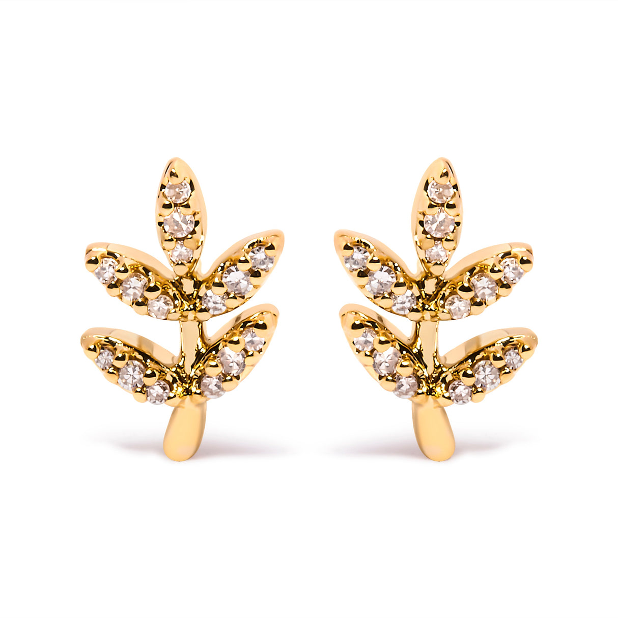 10K Yellow Gold 1/10 Cttw Diamond Accented Leaf and Branch Stud Earrings (H-I Color, I1-I2 Clarity)