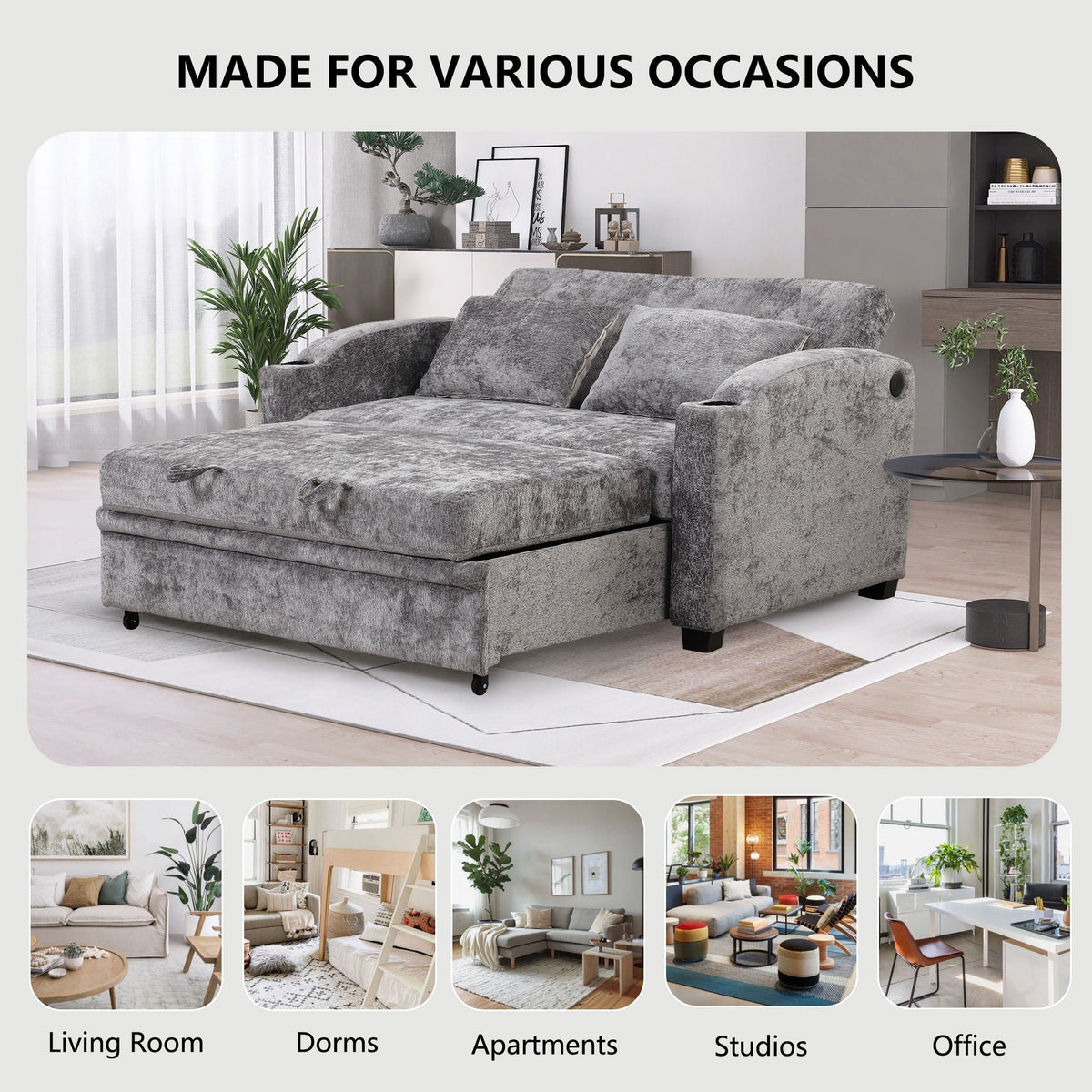 Pull Out Loveseat Sofa With Adjsutable Backrest, 2 Pillows, Cup Holders, USB Ports For Living Room
