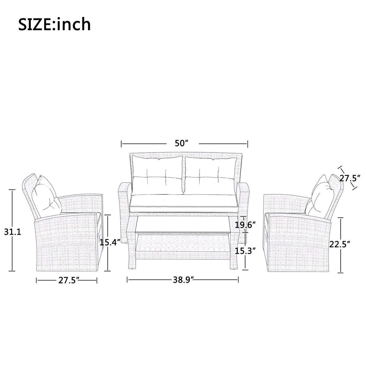 U-Style 4 Piece Outdoor Patio Furniture Set with Ottoman and Cushions