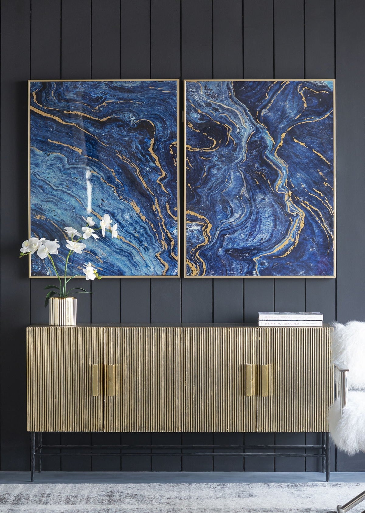 Framed Art Panels, Unique Marbled Design (Set of 2) - Blue