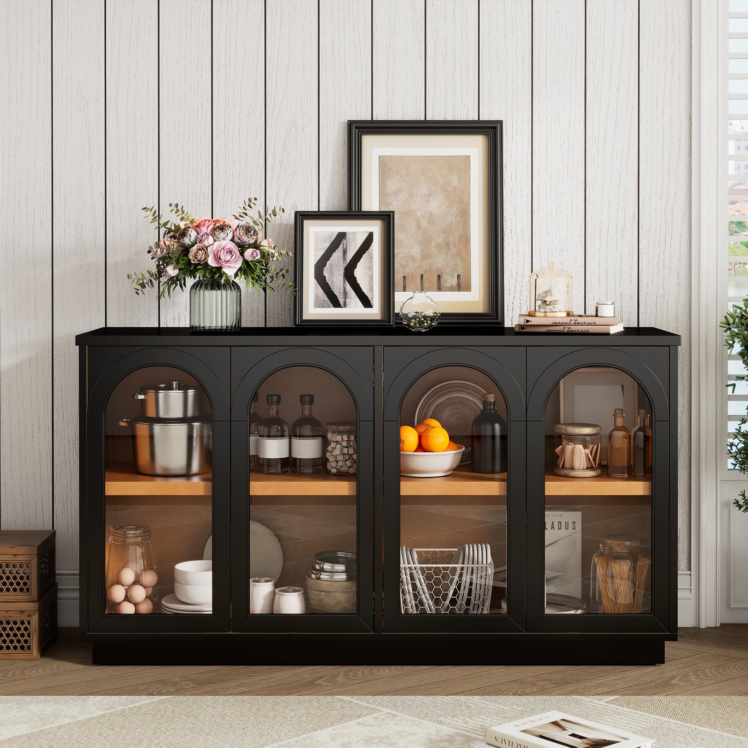 Arched Storage Cabinet with Glass Doors
