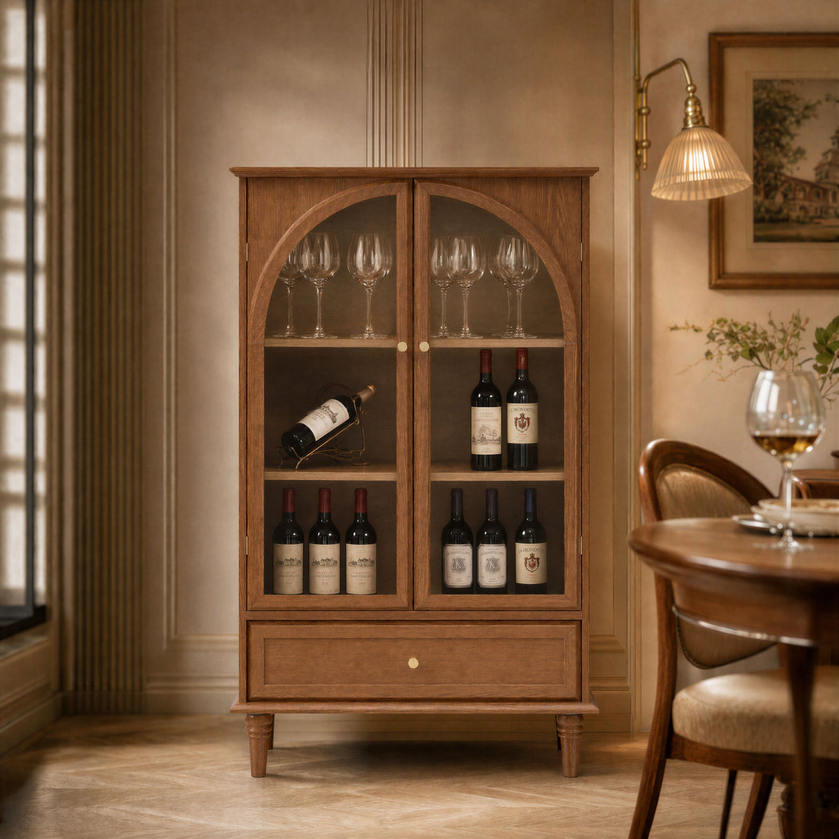 Vintage Farmhouse Arched Glass Accent Cabinet