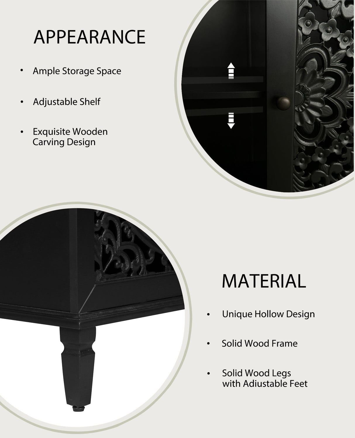 60" Antique Buffet Cabinet with Floral Carvings