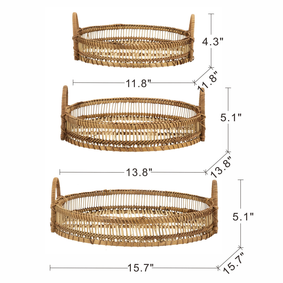 Set of 3 Round Decorative Brown Bamboo Woven Trays with Handles
