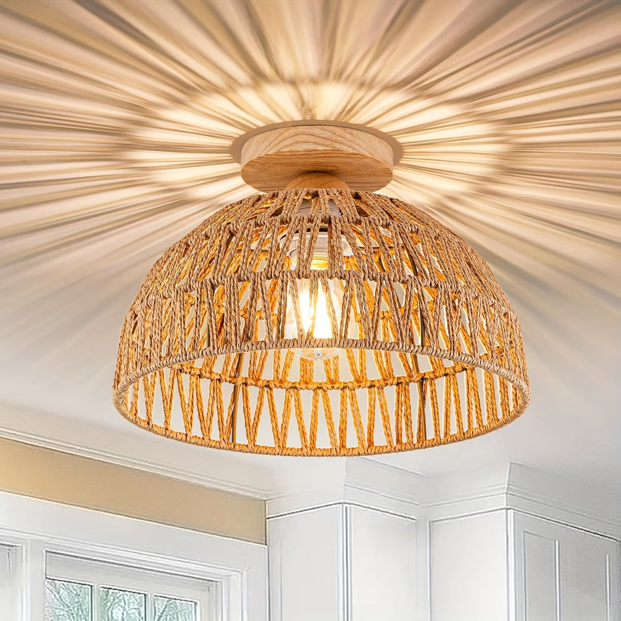 Boho Rattan Ceiling Light Flush Mount Handwoven Pendant Lamp for Bedroom