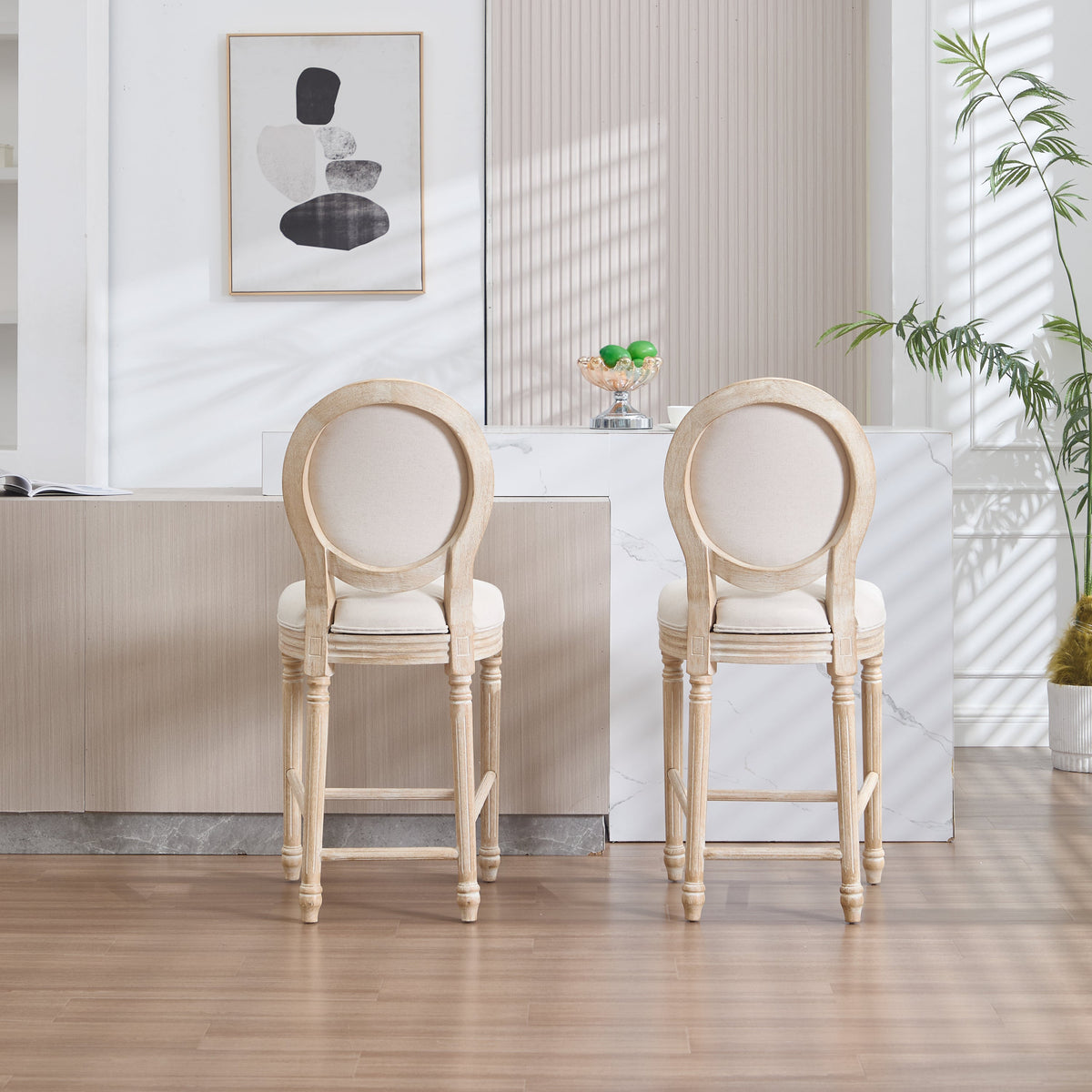 French Country 26'' Height Bar Chairs with Beige Linen Upholstery - Set of 2