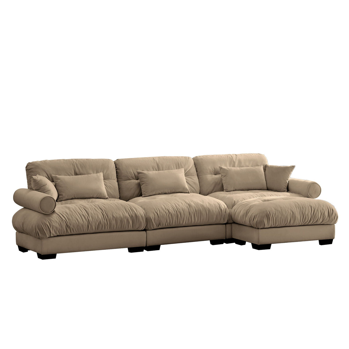 Modern Sectional Sofa With Ottoman, Round Bolster Armrests, Waist And Throw Pillows