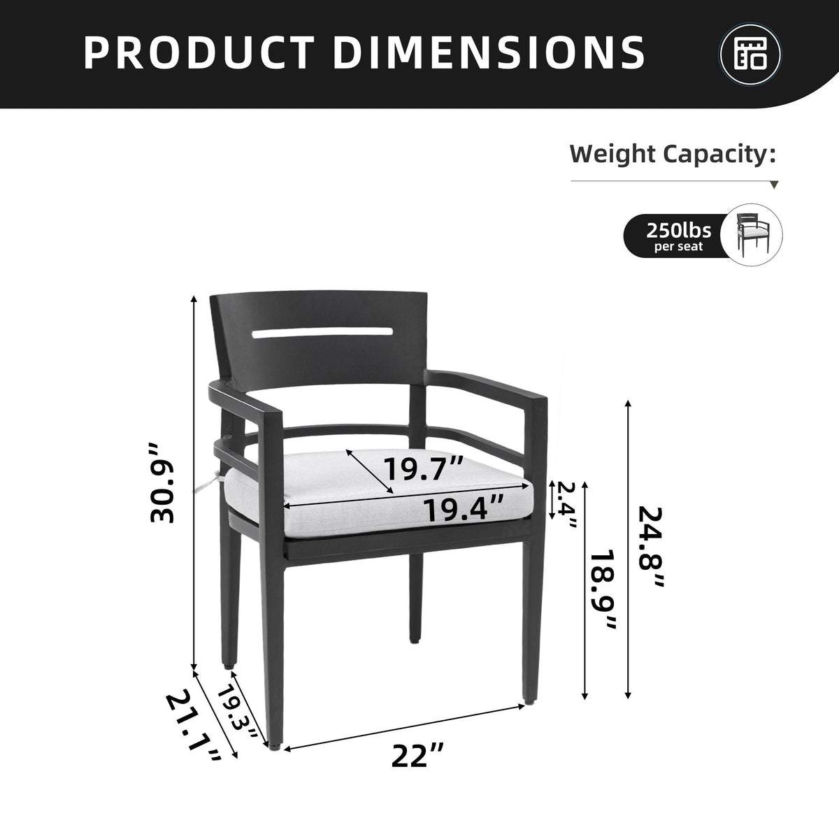 Outdoor Patio Dining Chairs With Outdoor Grade Sunbrella Fabric Cushions, Tapered Feet (Set of 4) - Ember Black