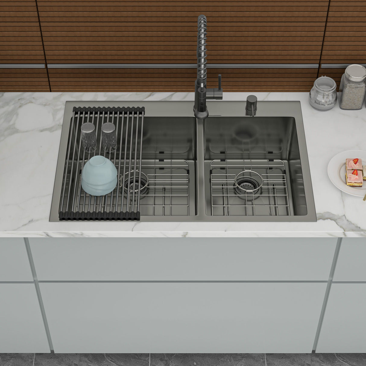 Double Bowl Drop-In Sink With 2 - 9" Deep Basins - Gunmetal Black