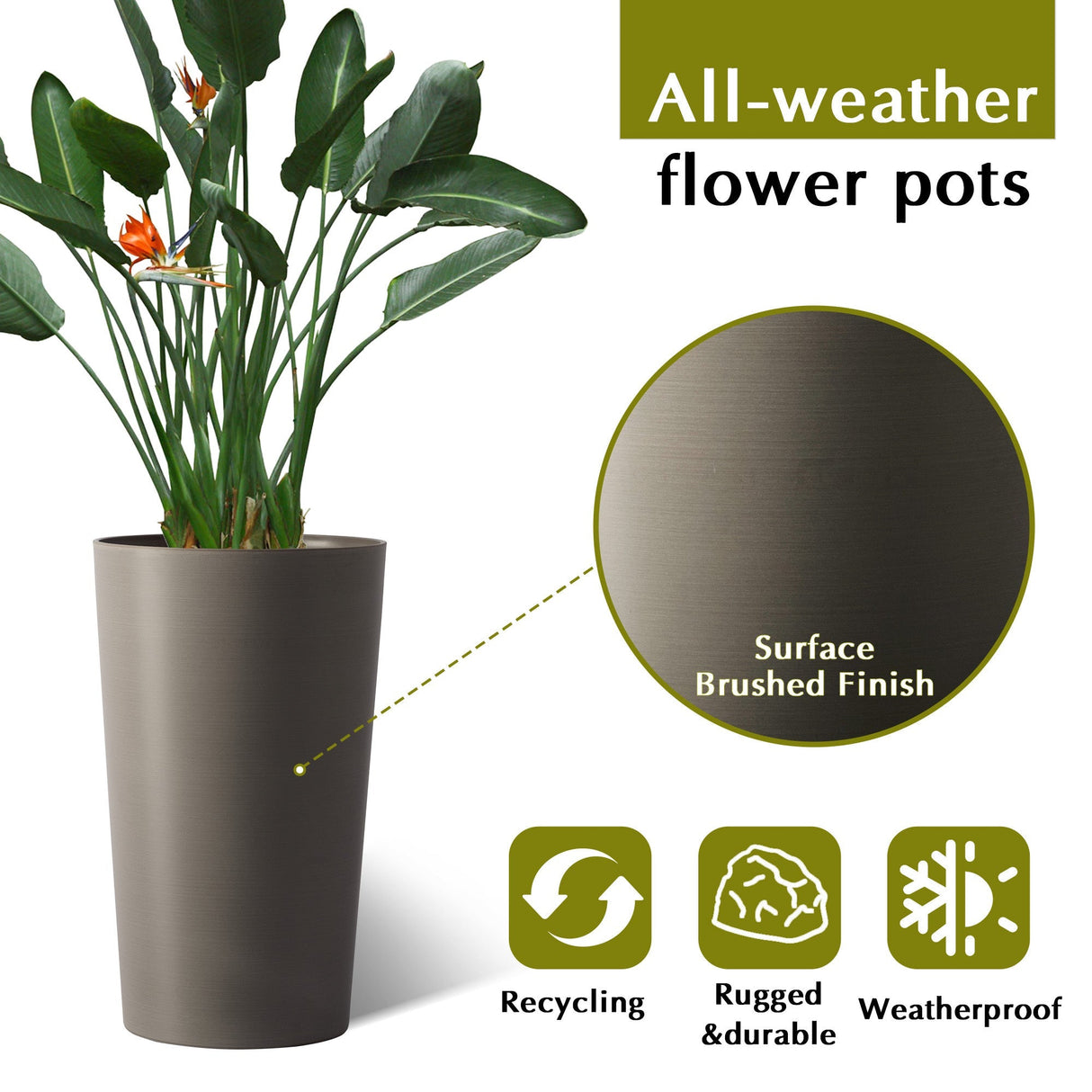 2 Pack Tall 21.7 in Modern Brown Planters for Indoor & Outdoor