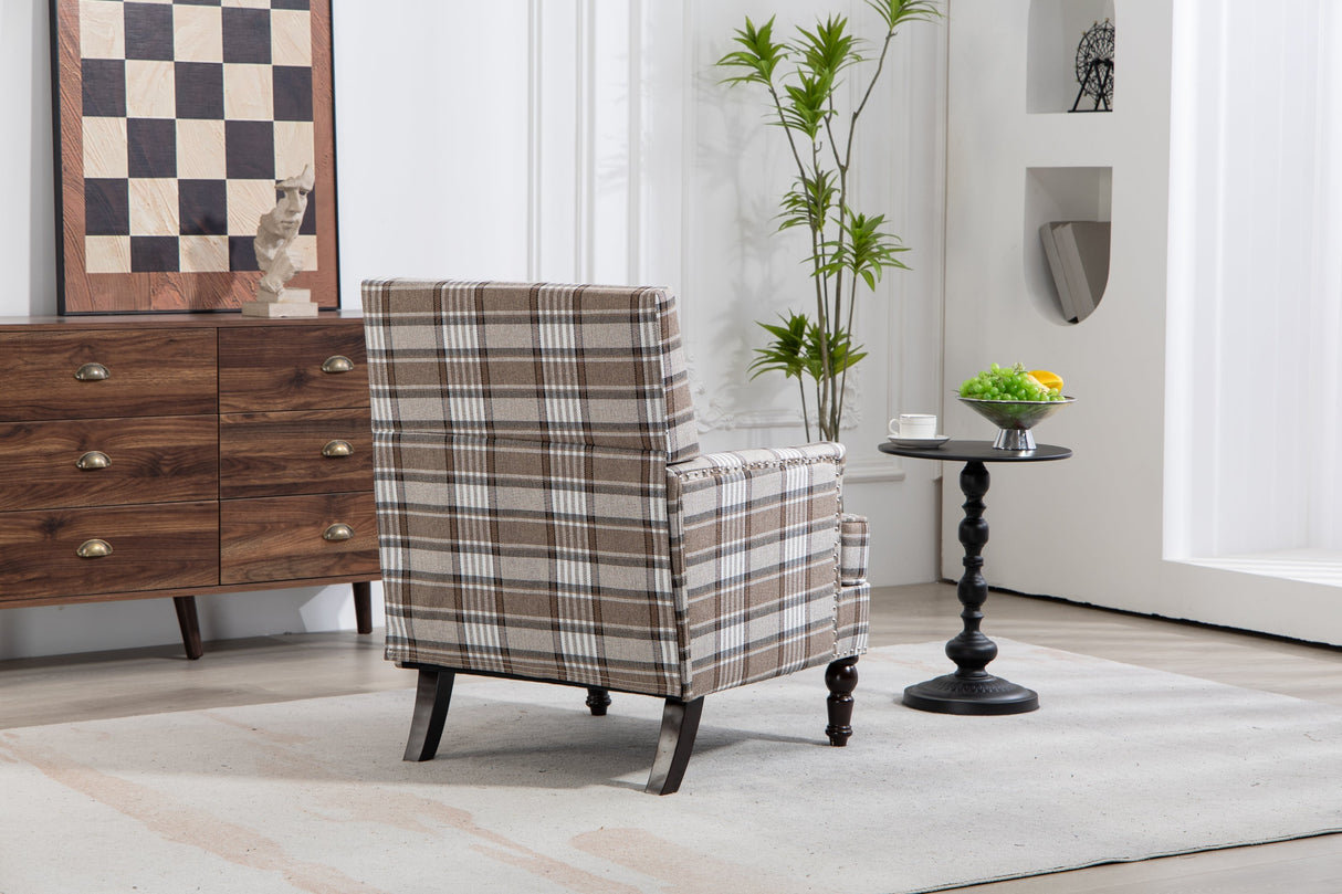 Upholstered Accent Chair with Brown Linen Fabric and Nailhead Trim
